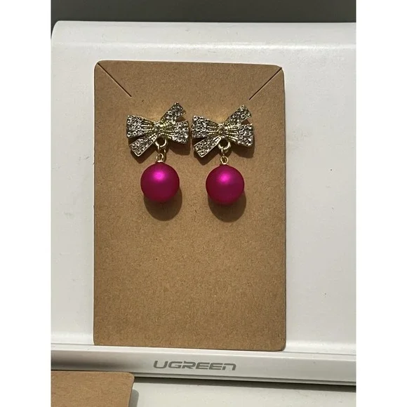 NWOT Dangle Earrings Rhinestone Bows Gold Accent With Hot Pink Ball Stud - Picture 2 of 7